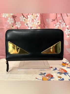 Fendi Bag Bugs Monster Eyes Zippy Wallet Black Gold Metal Eyes authentic